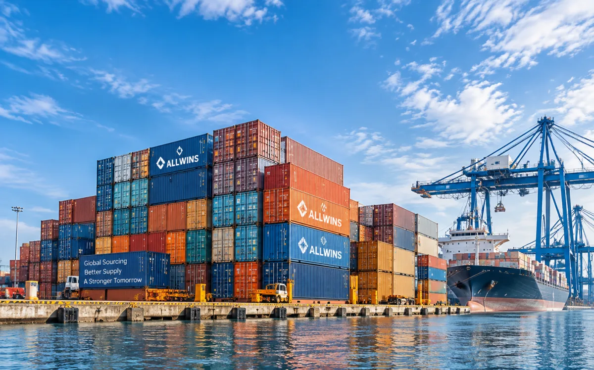 ALLWINS-marked shipping containers stacked at a quayside beside gantry cranes and a moored container ship — ALLWINS global sourcing tips