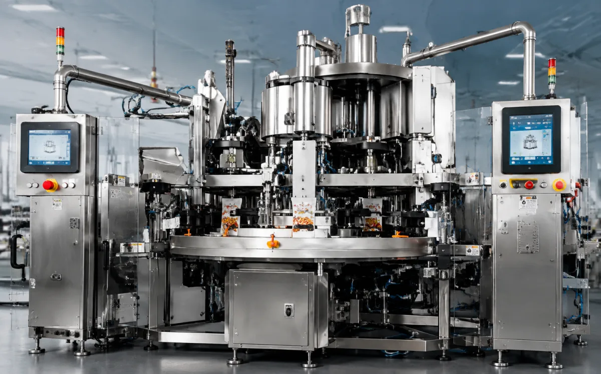 A stainless rotary pouch filling and sealing machine with twin touchscreens, carrying printed sachets around its turntable — ALLWINS machinery guides