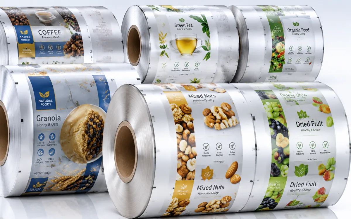Six printed laminate rollstock reels for coffee, green tea, granola, organic food, mixed nuts and dried fruit — ALLWINS material knowledge