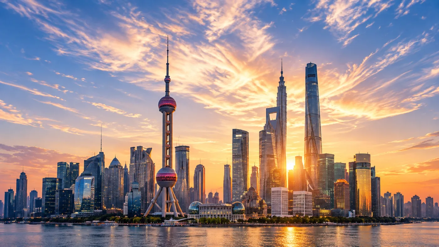 The Shanghai Pudong skyline at sunset across the Huangpu river, with the Oriental Pearl and Shanghai Tower — ALLWINS sourcing in China