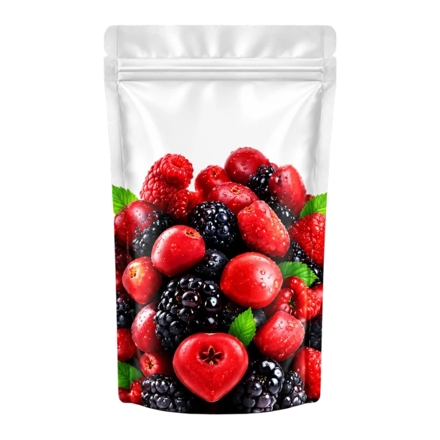 A white stand-up pouch printed with raspberries, blackberries and cherries, cut out against a transparent background