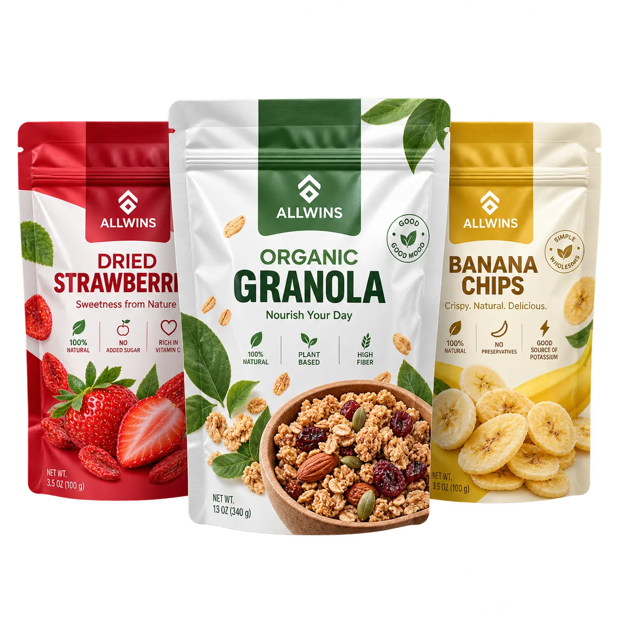 Three printed stand-up pouches for dried strawberries, organic granola and banana chips