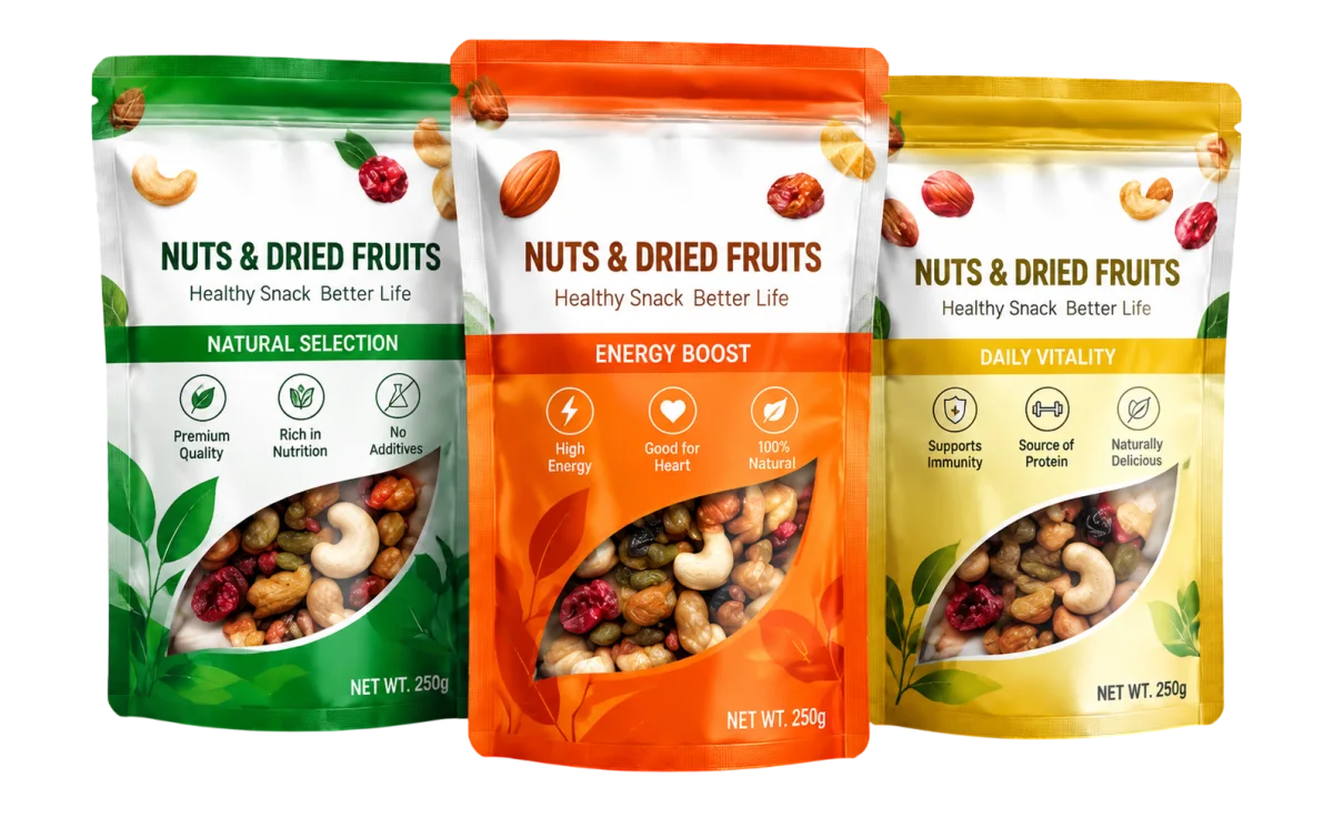 Green, orange and yellow stand-up pouches of nuts and dried fruits, each with a leaf-shaped window showing cashews, raisins and cranberries inside