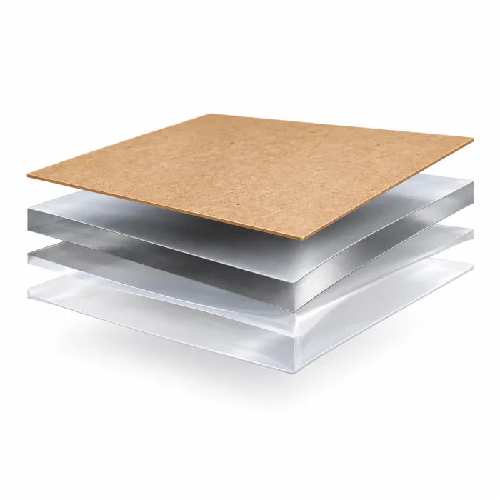 Three layers held apart — kraft paper, metallised VMPET and PE — showing a paper-faced laminate structure