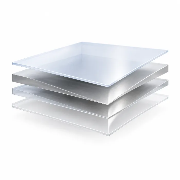 Three layers held apart — clear PET, aluminium foil and PE — showing a full-barrier foil laminate structure