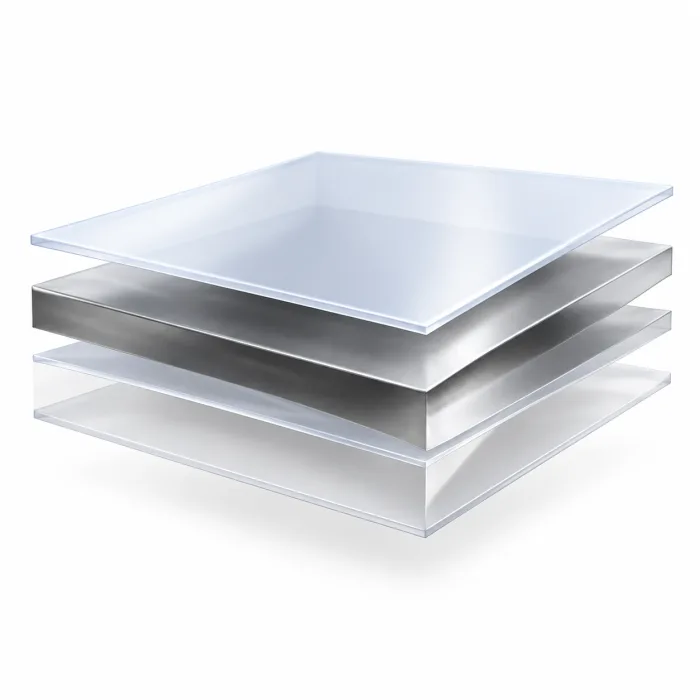 Three film layers held apart — clear PET, metallised VMPET and PE — showing a metallised laminate structure