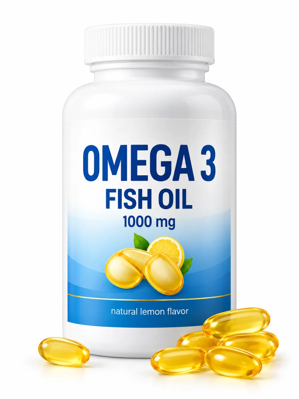 A white Omega 3 fish oil supplement bottle with a blue label and golden softgel capsules beside it